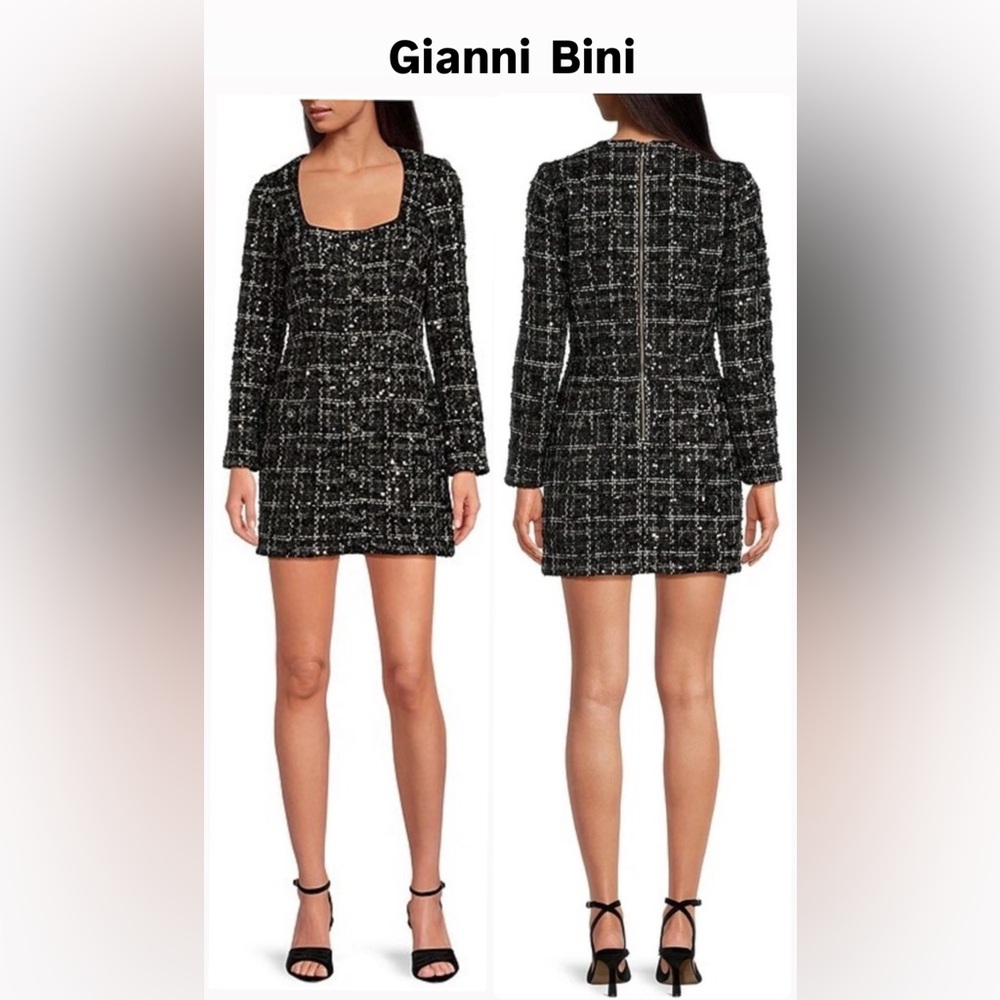 Gianni Bini Black Tweed Sequin Long Sleeve Dress New With Tags Size 8